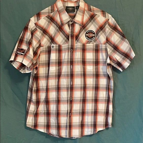 Harley-Davidson Men's Plaid Shirt - Orange, Black, and White - Picture 1 of 6